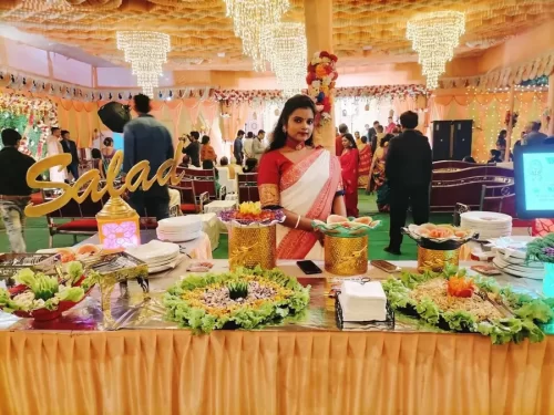 Engagement function catering service in Bangalore with vegetarian buffet and professional food service setup