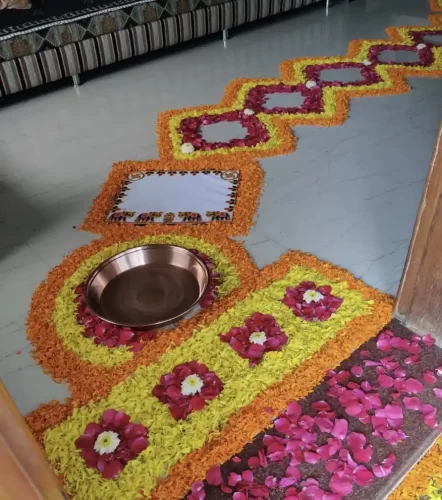 Beautiful flower rangoli design for griha pravesh ceremony in Bangalore