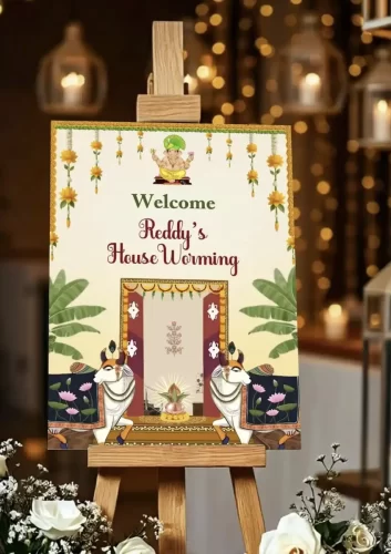 Floral design welcome board for griha pravesh ceremony