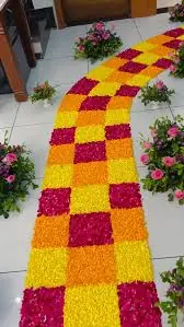 Flower pathway decoration for gruhapravesham ceremony