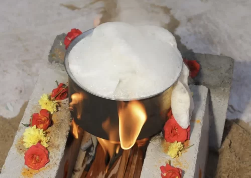 Milk boiling ceremony during gruhapravesham in Bangalore