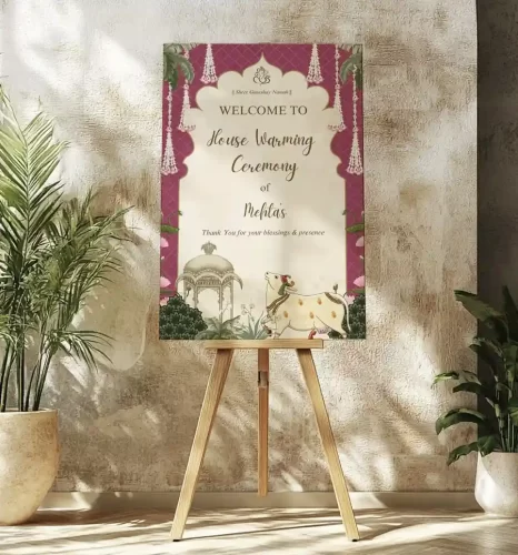 Gruhapravesham welcome board with floral decor