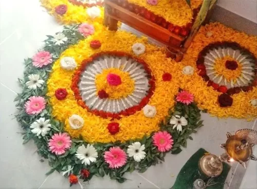 Creative flower rangoli designs for house warming in Bangalore