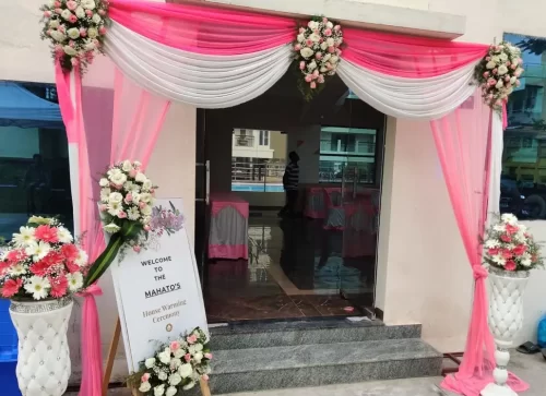 House warming main entrance decorated with fresh flowers in Bangalore