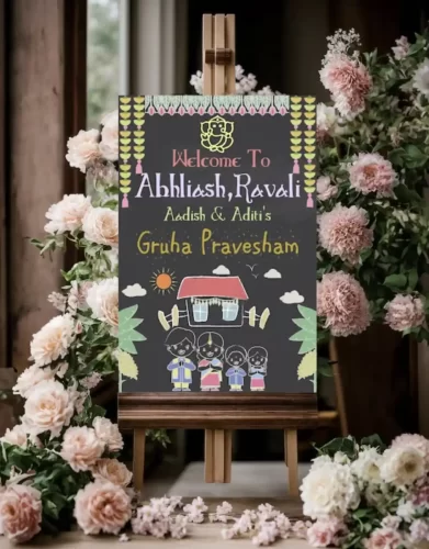 Griha pravesh welcome board with floral decoration