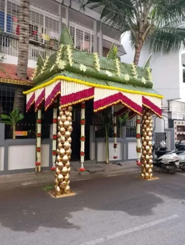 Premium chappara floral decoration with fresh flowers for gruhapravesham