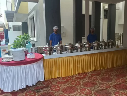 Premium veg buffet catering setup for house warming ceremony in Bangalore.