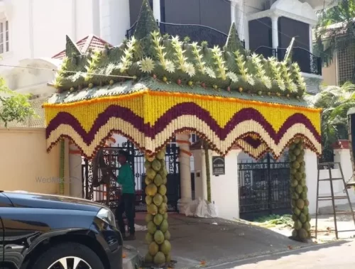 South Indian style chappara flower decoration with banana leaves for griha pravesh
