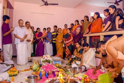 Traditional housewarming ceremony photoshoot with floral decor