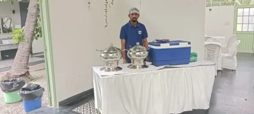 Traditional vegetarian buffet catering for gruhapravesha ceremony in Bangalore.