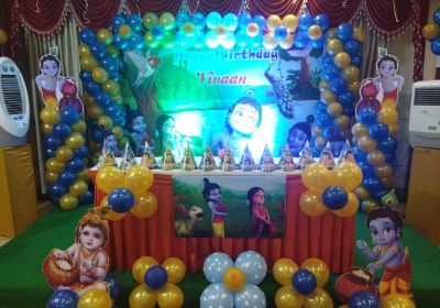 Little krishna themed birthday party decoration arrangements Bangalore